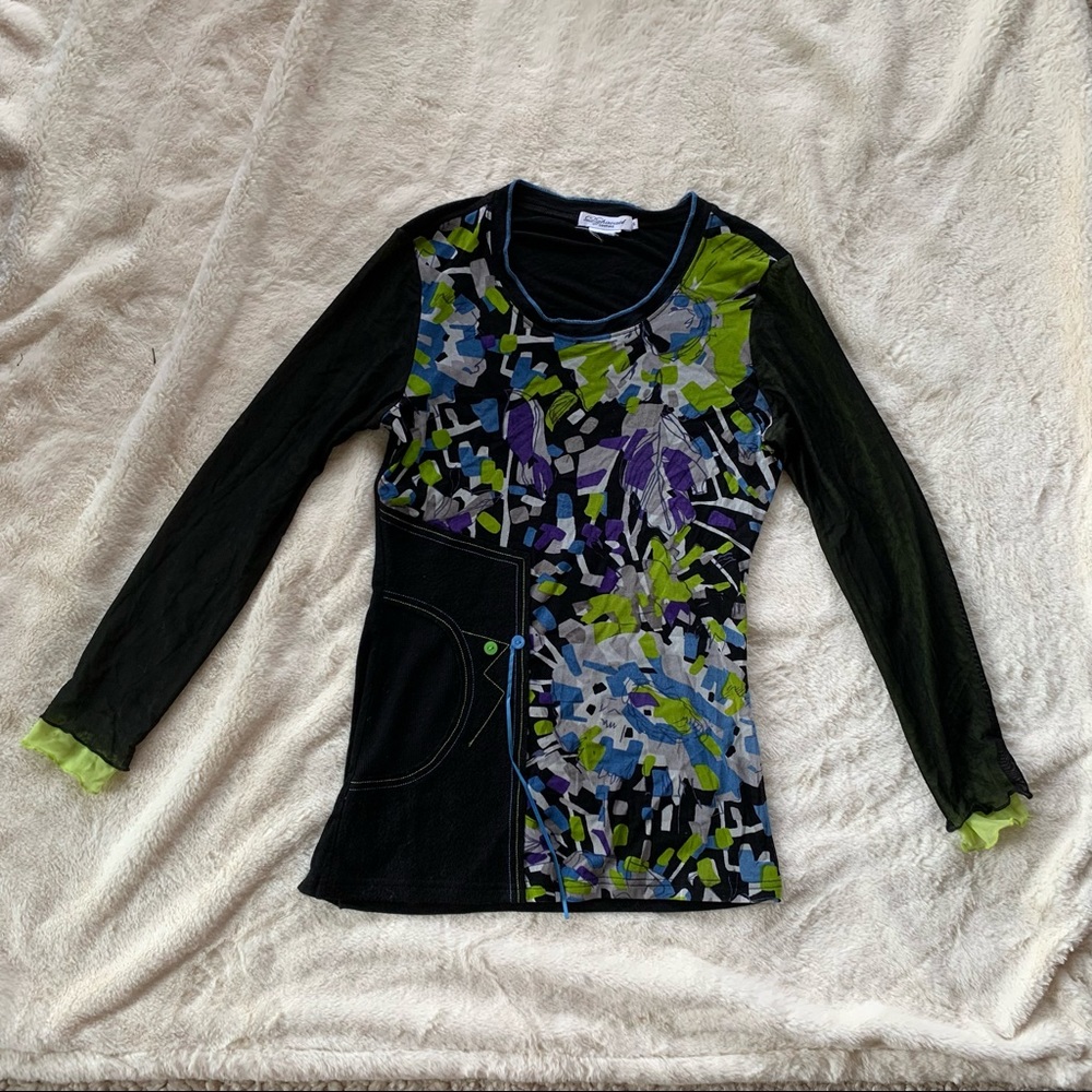 Dzhavael Couture Funky Patterned Black Mesh Long Sleeve Top Size S